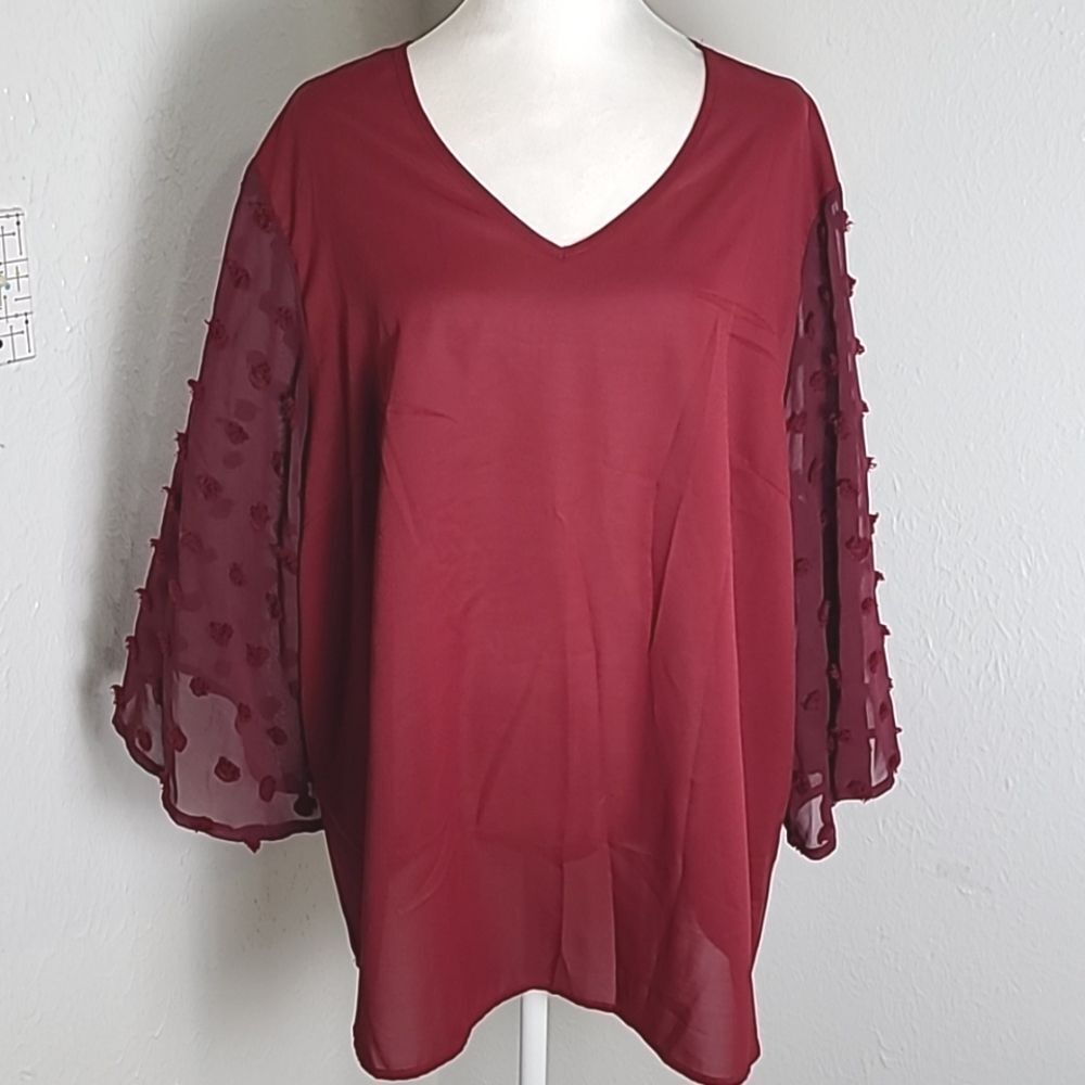 Shein Curve Burgundy & Maroon Mix Top, Fringe Polka-dot Bell Sleeves, Sz 3X,NWOT